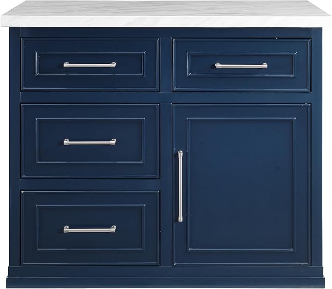 Crosley Furniture Cutler Faux Marble Top Kitchen Island with Storage, Breakfast Bar, Microwave Stand, Navy