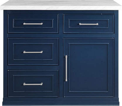 Crosley Furniture Cutler Faux Marble Top Kitchen Island with Storage, Breakfast Bar, Microwave Stand, Navy