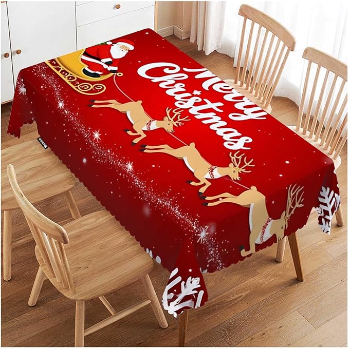 Swono Santa Claus 52"X70" Oblong Table Cloth Christmas Santa On Sleigh Snowflakes Wrinkle Free Table Cover Farmhouse Tablecloth for Home Restaurant Picnic Indoor Outdoor Dining, Red