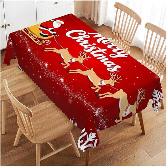Swono Santa Claus 52"X70" Oblong Table Cloth Christmas Santa On Sleigh Snowflakes Wrinkle Free Table Cover Farmhouse Tablecloth for Home Restaurant Picnic Indoor Outdoor Dining, Red