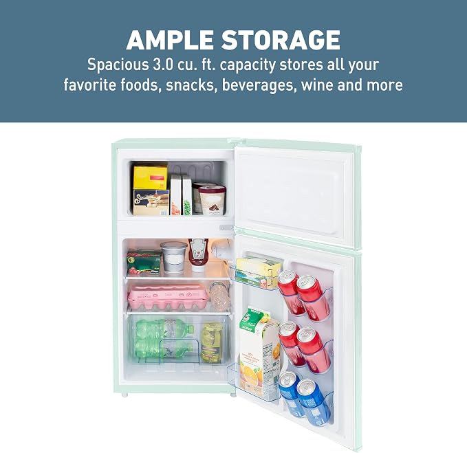 West Bend Mini Fridge with Freezer for Bedroom, Office, Bar or Dorm Room, Retro Compact Refrigerator features Glass Shelves, Manual Defrost and Adjustable Temperature Control, 3.1-Cu.Ft., Green