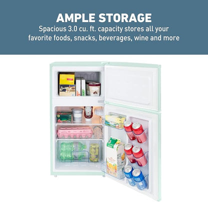 West Bend Mini Fridge with Freezer for Bedroom, Office, Bar or Dorm Room, Retro Compact Refrigerator features Glass Shelves, Manual Defrost and Adjustable Temperature Control, 3.1-Cu.Ft., Green