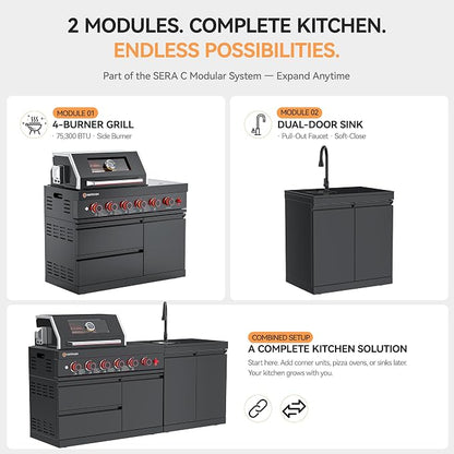 SERA C 4-Burner Propane Outdoor Kitchen with Dual Sink Black | Black 304 stainless steel, 75,300 BTU + side burner, dual-door sink with pull-out faucet, locking casters, patio backyard