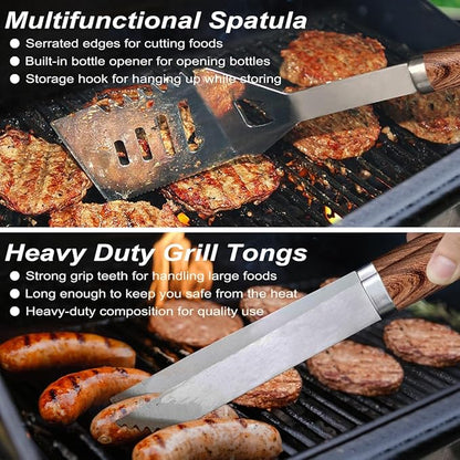 POLIGO 22PCS Heavy Duty BBQ Grill Accessories Set, Non-Slip Grill Tools for Outdoor Grill Set Stainless Steel Grill Utensils Set, Deluxe Grilling Tools Set in Aluminum Case Ideal Gifts for Men Brown