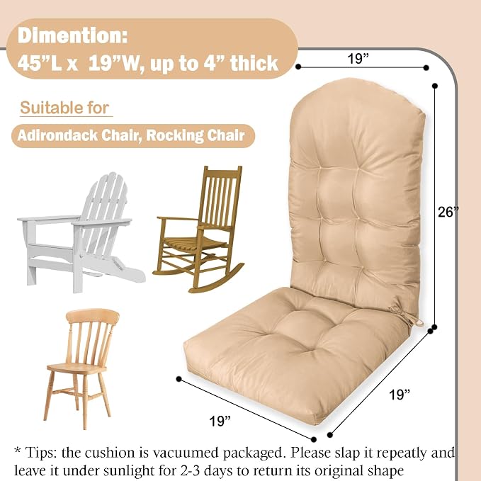 Adirondack Chair Seat Cushion for Outdoor Patio Wicker Porch Furniture | Waterproof cover with straps, PP cotton, high back thick seat pad for adirondack rocking chair lawn indoor outdoor 44x19x4