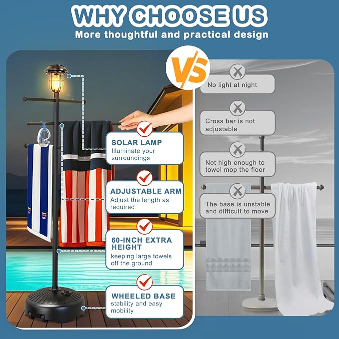 Solar Light Pool Towel Rack with Wheels & Stable Water Base | Solar Light • Easy-Roll Wheels • 63" Tall • Adjustable Bars • Stable Water Base • for Patio, Bathroom, Hot Tub