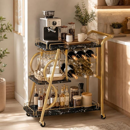 Bar Cart for Home, Home Bar Serving Cart on Wheels, 3 Tier Liquor Carts with Wine Rack and Glass Holder, Rolling Beverage Trolley (Gold & Marbleized Black)