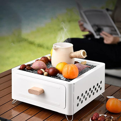 LOGOFUN Portable Charcoal Grill with Enamel Griddle Pan Japanese Style Tabletop BBQ for Outdoor Camping Folding Barbecue Hibachi Backyard Patio Balcony Snow White