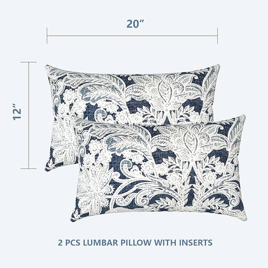 LVTXIII Set of 2 Patio Lumbar Pillows, 12" x 20" Fade Resistant Outdoor Lumbar Pillow with Inners, Fluffy Decorative Garden Lumbar Cushions for Home Patio Coach Sofa Use, Damask Lapis