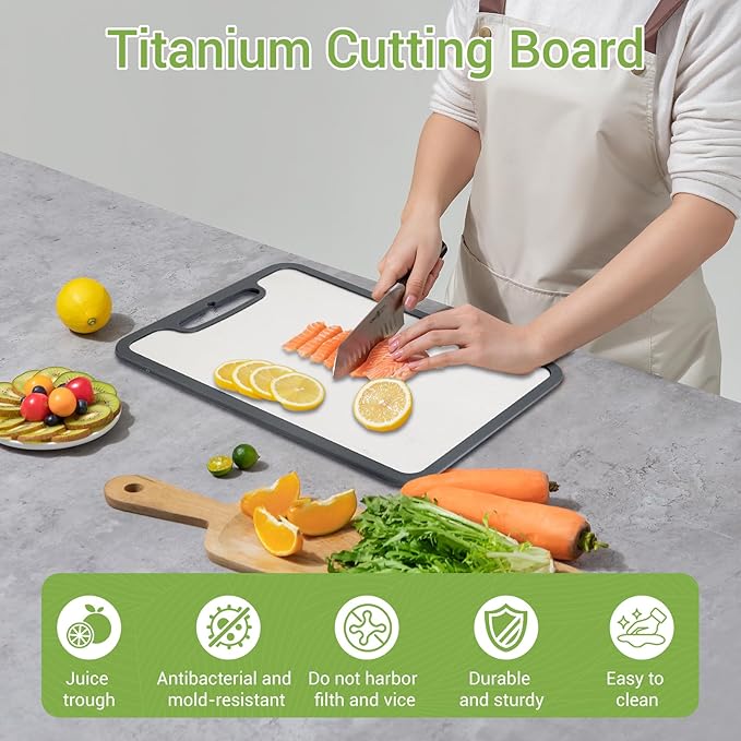 Titanium Cutting Boards for Kitchen & Camping,Metal Cutting Board,Stainless Steel Cutting Board,Chopping Boards for Kitchen and Camping,Silicone Edge for Non-Slip & Non-Cut Medium(14''×9.8'')