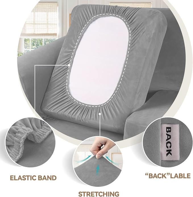 WEERRW 4-Piece Couch Cover for Sofa Velvet Sofa Cover Washable, Silver Grey | Sofa Covers for 3 Cushion Couch Furniture Protector Sofa Slipcovers with Non Slip Elastic Bottom, Pet Friendly, Large
