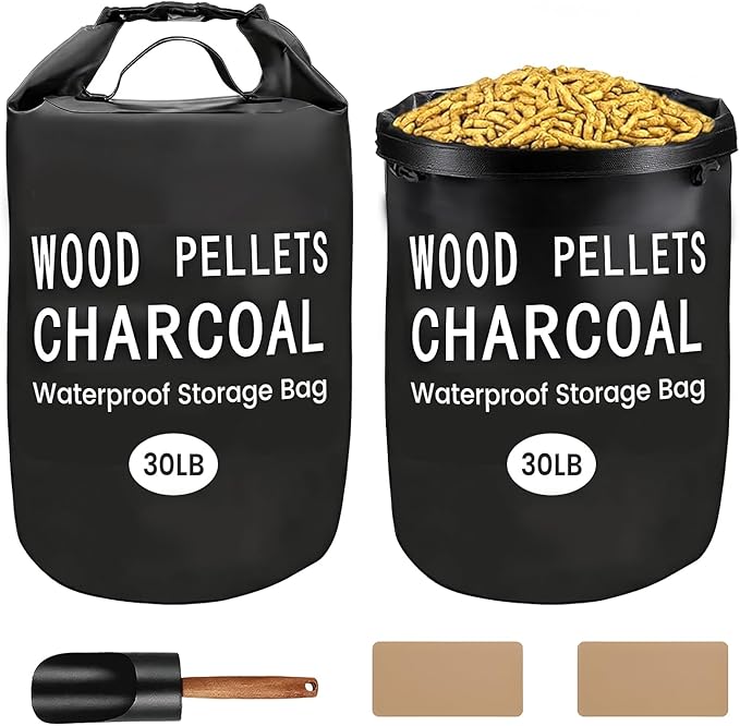 30LB Waterproof Wood Pellet Storage Bag 2 Pack, Heavy Duty 500D PVC Charcoal Grill Pellet Bag with Dual Shoulder Straps & Carry Handles, Foldable BBQ Fuel Storage with Buckle Seal, Label Pocket Scoop