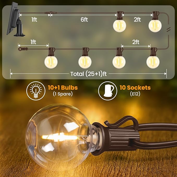 Mlambert 25FT Solar Powered String Lights Outdoor, Waterproof Solar Patio Light String with 10+1 Shatterproof LED G40 Bulbs for Backyard Garden-Brown