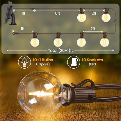 Mlambert 25FT Solar Powered String Lights Outdoor, Waterproof Solar Patio Light String with 10+1 Shatterproof LED G40 Bulbs for Backyard Garden-Brown