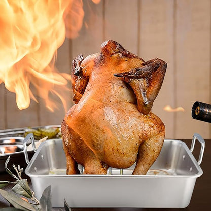 TeamFar Roasting Pan with Beer Can Chicken Holder, Drip Pan for Oven-4PCS | Stainless Steel Square Baking Pan with Vertical Stand, for Grill Oven Smoker BBQ Roasting, Dishwasher Safe(2 Pans + 2 Racks)