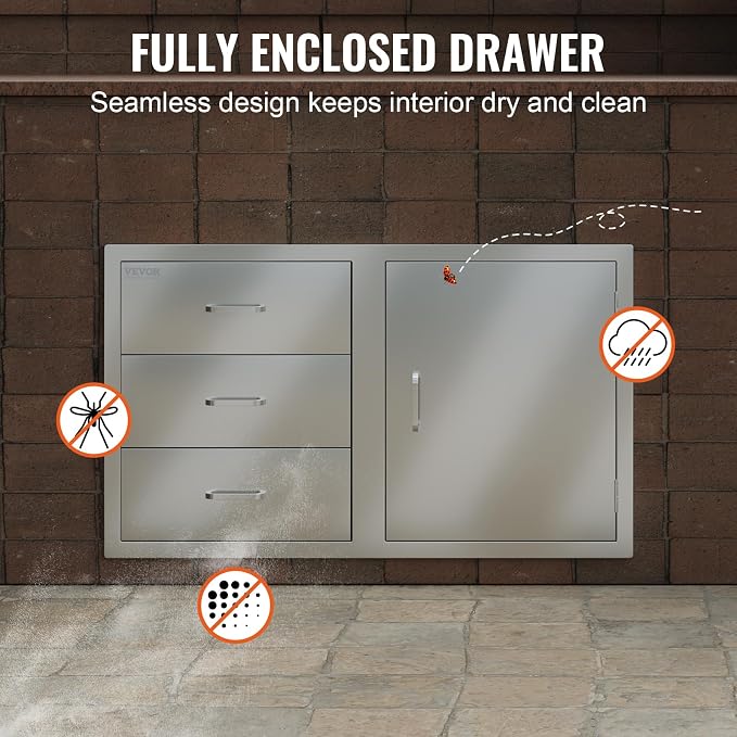 VEVOR BBQ Island Drawers 38.1W x 22.6H x 20.8D, Outdoor Kitchen Door Drawer Combo Cabinets, BBQ Access Door/Triple Drawers Combo, Stainless Steel Handles, Perfect for BBQ Island Patio Grill Station