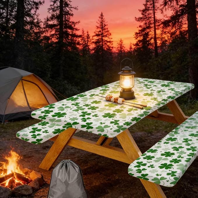 JAWO St Patrick's Day Picnic Table Cover with Bench Covers, Camping Essentials, Shamrock Lucky Outdoor Table Covers, Waterproof, Fitted Tablecloth Cover with Elastic Edge, 3 PCS, 30X72 Inches