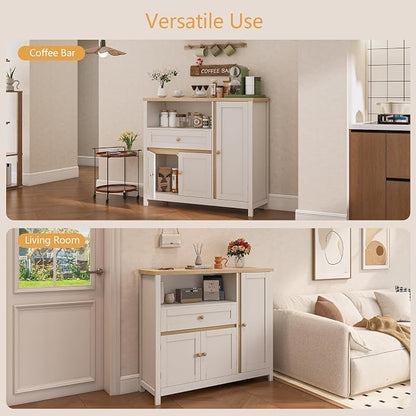 Viaozutis Coffee Bar Cabinet with Doors and Drawer, 35.4" Kitchen Storage Cabinet with Adjustable Shelf, Freestanding Buffet Sideboard for Dining Room, Bathroom, Entryway, White