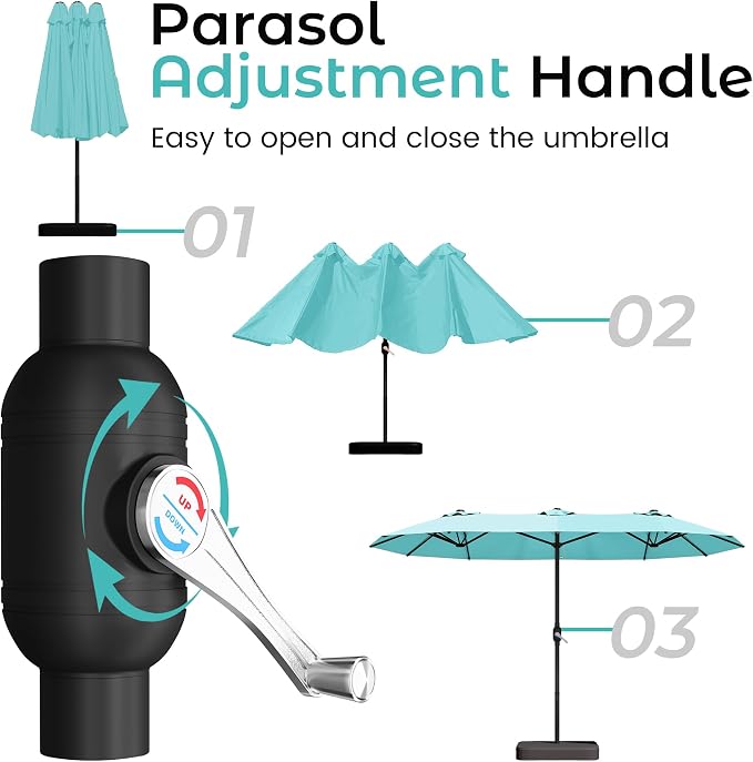 DomeShade 15ft Outdoor Umbrellas for Patio with Base,Outdoor Double-Sided Rectangle Market Umbrella with Crank Handle&Stand,Awnings for Outside Umbrellas for Poolside Lawn Backyard Garden,Turquoise