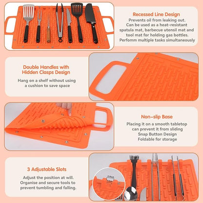 LIONROGE Large Silicone Grill Mat, Foldable Silicone Griddle Tools Spatula Mat with Drip Pad & Handle & Snap Buttons, Portable BBQ Side Shelf Mats Grill Pad for Blackstone Griddles Accessories,Orange