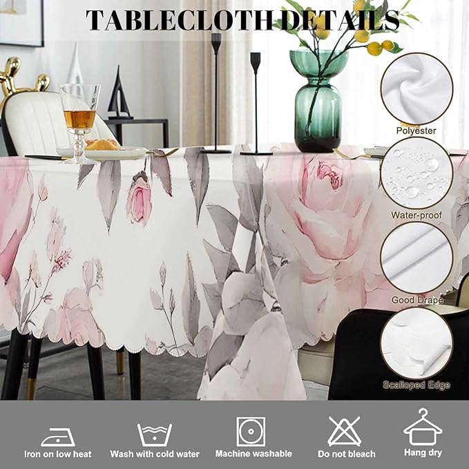 Swono Rectangle Tablecloth Rose Table Cover 52x70 Inch Watercolor Pink Flowers Roses and Leaves Heavy Duty Table Cloth for Rectangle Tables Decorative Tablecloth for Dining Party Camping BBQ