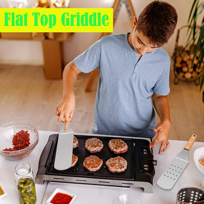 Metal Spatula Set, HaSteeL Stainless Steel Griddle Spatula Tools Kit with Wooden Handle, Heavy Duty Long Pancake Flipper Burger Turner for BBQ Teppanyaki Flat Top Grilling Cooking Outdoor & Indoor