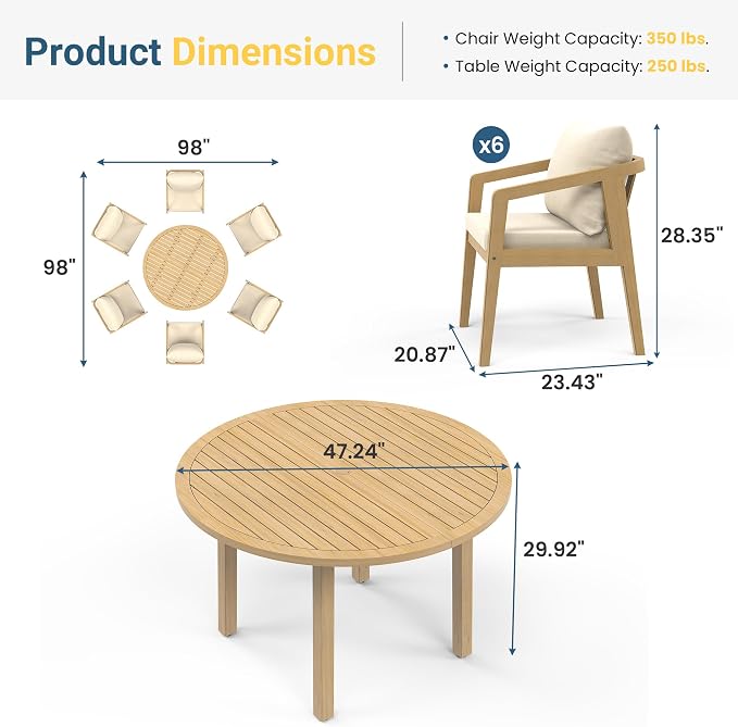 Wisteria Lane 7-Pieces Acacia Patio Table and Chairs Set for 6, Outdoor Dining Set with Round Table, Modern Patio Table Set with Cushion, Patio Furniture Set for Backyard Deck Garden Porch
