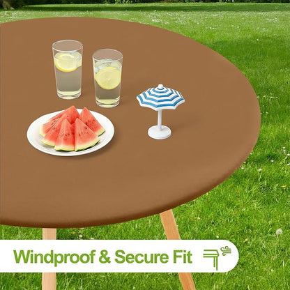 Smiry Round Spandex Tablecloth, Elastic Fitted Washable Tablecloths for 45"-56" Tables, Waterpoof Stretch Picnic Table Cover for Dining, Indoor and Outdoor, Brown