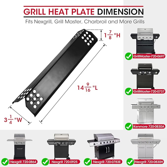 Unicook 6 Pack Grill Heat Plates 14.56" L, Heavy Duty Grill Replacement Parts Burner Cover for Outdoor Gas BBQ, Porcelain Flame Tamer, Compatible with Nexgrill, Charbroil