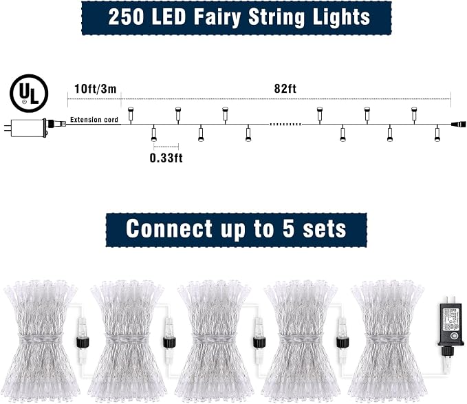 82FT 250 LED Outdoor String Lights, Warm White Christmas Lights Indoor | Plug in Waterproof 8 Modes Clear Wire String Twinkle Lights for Bedroom Outside Patio Yard Xmas Party Wedding Decorations