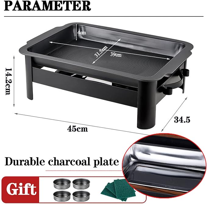 Teppanyaki Grill and Portable Charcoal Alcohol Barbecues Grill Stainless Steel Griddle Pan, Camping BBQ Grilling and Grilled Fish Stove for Indoor Outdoor (45 * 34.5cm)