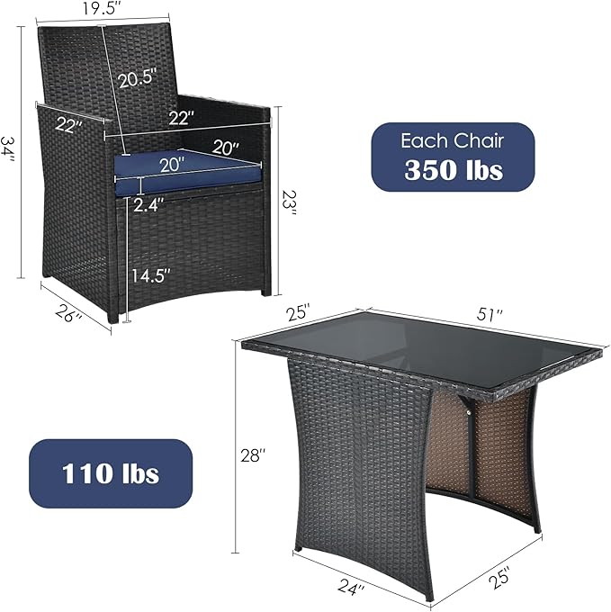 DORTALA Wicker Patio Bistro Set 3 Piece, Outdoor Table and Chairs with Tempered Glass Tabletop, Cushions, Small Rattan Furniture Conversation Sofa Set for Balcony, Porch, Backyard, Deck, Navy