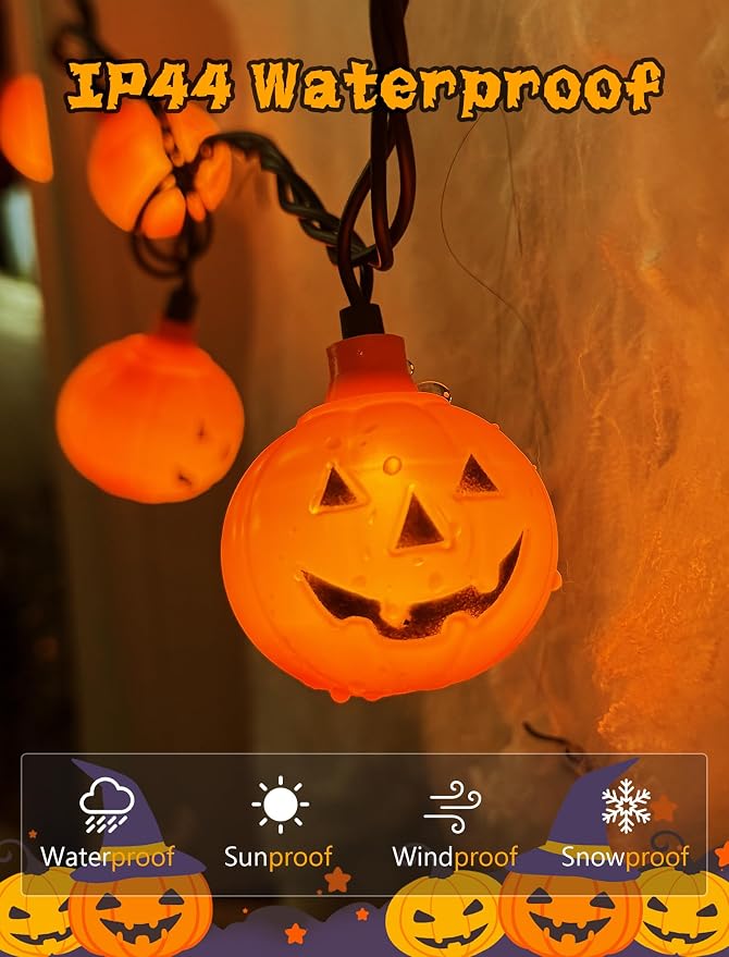 Halloween Decorations Pumpkin String Lights Outdoor, 8.5Ft Halloween Lights with 10 LED Waterproof Orange Jack-O-Lantern, Hanging Pumpkin String Lights UL Listed for Party Porch Home Window Decor