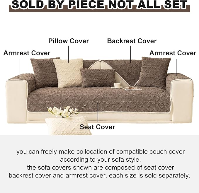 vctops Geometric Jacquard Plush Sofa Couch Covers Farmhouse Neutral Non Slip Sectional Couch Cover Soft Warm Sofa Slipcover for Dogs, Children, Pets Furniture Protector (Brown,43"x43")