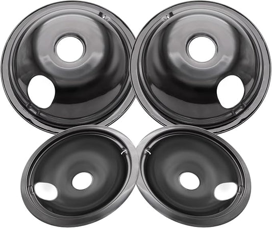 WB31M19 and WB31M20 GE Drip Pans for Electric Stove, 10% Energy Save by Enamel Spraying Prevent Bending and Rust -Includes a Set of 4 Black Stove Drip Pans(2 * 6+2 * 8)