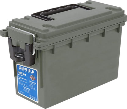 Sheffield 12626 Ammo Storage Box, Stackable .30 Cal Field Boxes, Water and Dust Resistant, Lockable Storage Box with Handle, Secures Hunting Gear, Supplies, and Bullets, Made in USA, Green, 1-Pack | Lockable Storage Box, Water and Dust Resistant Dry Bo...