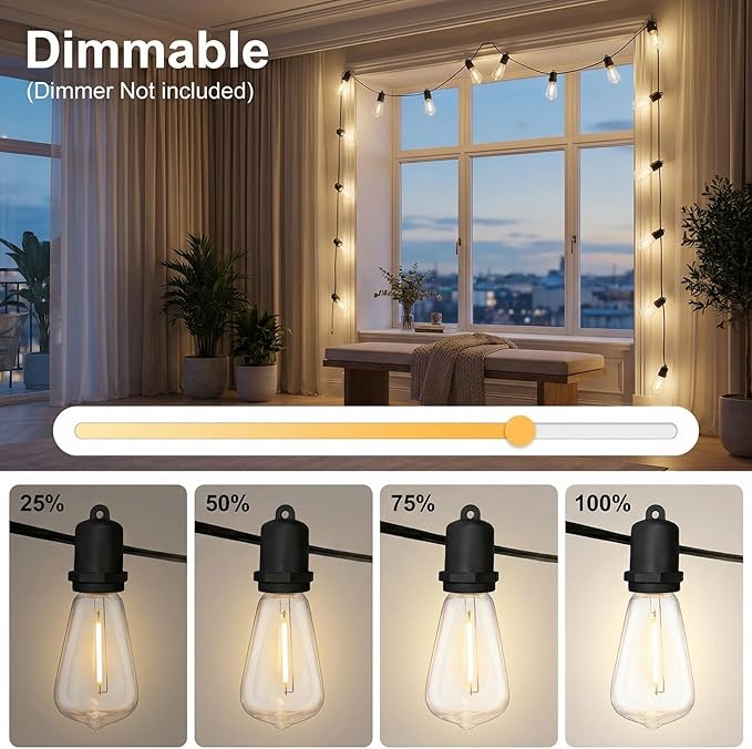 25FT LED Outdoor String Lights, 13 Shatterproof ST38 Edison Bulbs, Waterproof Patio Decor for Outside, Dimmable Bistro Cafe Hanging Lights
