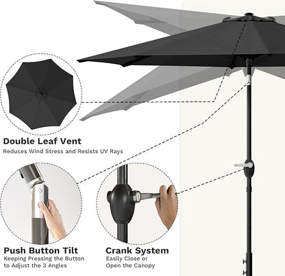 Greesum Outdoor Patio Umbrella with Base, Table Umbrella with 8 Sturdy Ribs, Push Button Tilt and Crank, Market Table Parasol for Garden, Lawn, Backyard & Pool, Black