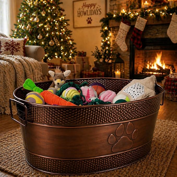 BREKX Indestructible Metal Dog Toy Bin - Copper Galvanized Storage Bin with Handles, Puppy Basket for Dog Storage, Blankets, & Leashes, Paw Pet Toy Box (25-Quart)