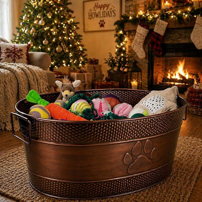 BREKX Indestructible Metal Dog Toy Bin - Copper Galvanized Storage Bin with Handles, Puppy Basket for Dog Storage, Blankets, & Leashes, Paw Pet Toy Box (25-Quart)