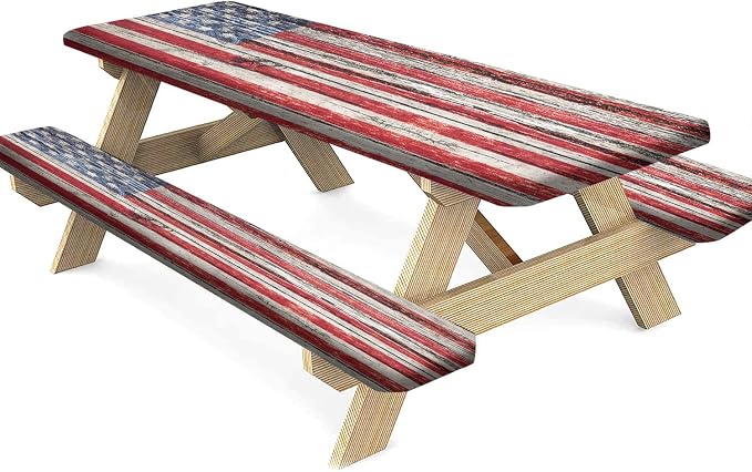 American Flag Picnic Fitted Tablecloth Benches Covers, 3 Pieces Set, Old Painted American Flag on Dark Wooden Fence Elastic Edged Table Cover, Great for Summer Spring Picnics Dinner Use, 72x28 In