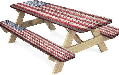 American Flag Picnic Fitted Tablecloth Benches Covers, 3 Pieces Set, Old Painted American Flag on Dark Wooden Fence Elastic Edged Table Cover, Great for Summer Spring Picnics Dinner Use, 72x28 In