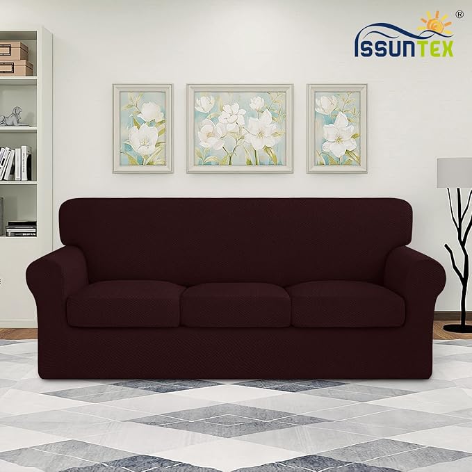 ISSUNTEX 4 Pieces High Stretch Thicken Couch Covers, Soft Sofa Slipcover for 3 Separate Cushion Couch, Jacquard Fabric Elastic Sofa Cover Furniture Protector for Dogs (Oversized Sofa, Wine)