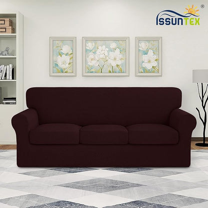 ISSUNTEX 4 Pieces High Stretch Thicken Couch Covers, Soft Sofa Slipcover for 3 Separate Cushion Couch, Jacquard Fabric Elastic Sofa Cover Furniture Protector for Dogs (Oversized Sofa, Wine)