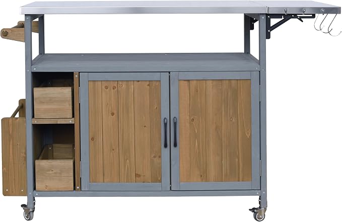 Christopher Knight Home Edsel Outdoor Bar Cart with Stainless Steel Top and Lockable Wheels, Solid Wood Outdoor Storage Cabinet, Kitchen Island Serving Cart for Poolside, Walnut Brown+Blue Gray