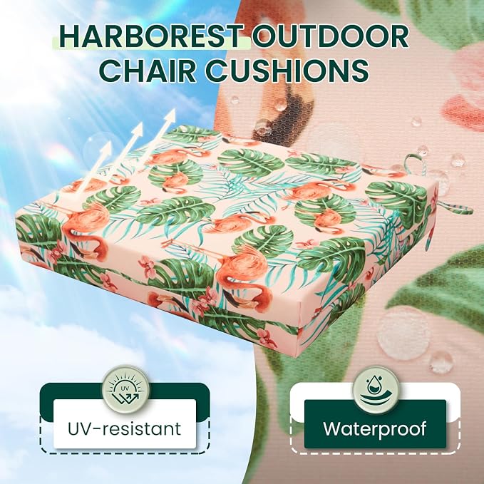 HARBOREST Outdoor Chair Cushions Set of 4, Water Resistant Patio Chair Cushions with Ties, Square Corner Outdoor Seat Cushions for Patio Furniture, 18.5"x16"x3", Flamingo