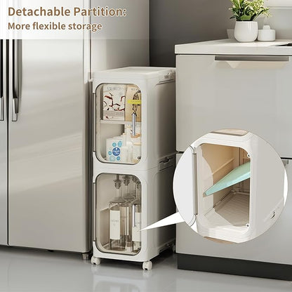 LXLXXL 4-Tier Narrow Storage Cabinet Slim Bathroom Storage Cabinet with Movable Wheels Tall Bathroom Organizer Skinny Cabinet for Small Spaces，Beige