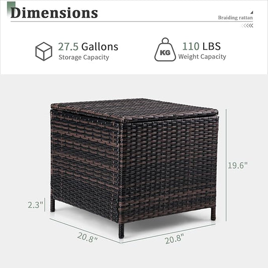 VINGLI 27 Gallon Outdoor Deck Box, Wicker Outdoor Storage Box with Lid, Small Storage Bin Container for Outside and Patio, Patio Rattan Side Table for Yard Porch (Brown, Square)