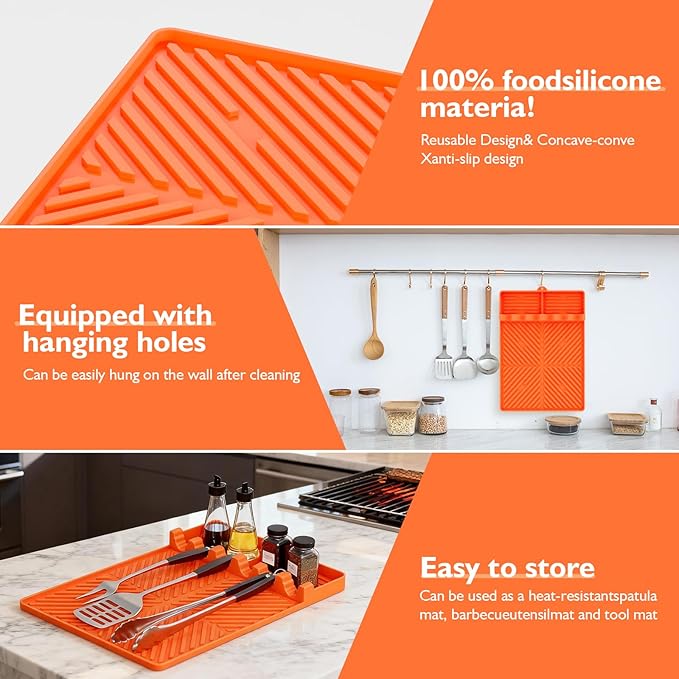 Silicone Griddle Tools Mat for Blackstone griddle accessories, Reusable grill accessories, Spatula Silicone Mat with Drip Pad for Outdoor Grill Side Shelves 16 * 11.5 inches （Orange)