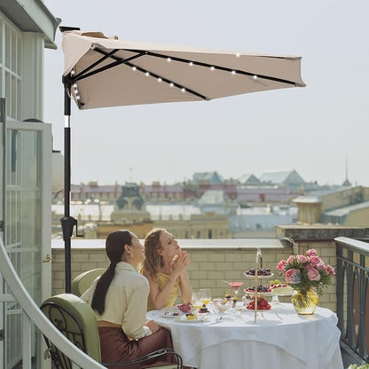 C-Hopetree 9 ft Half Round Outdoor Patio Market Wall Umbrella with Solar LED Lights and Tilt